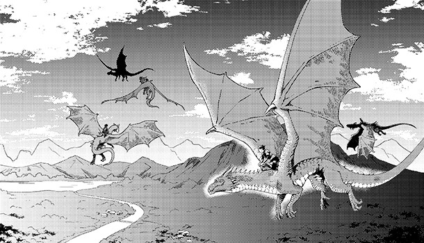 竜に乗って飛んでいる騎手たちのイラスト